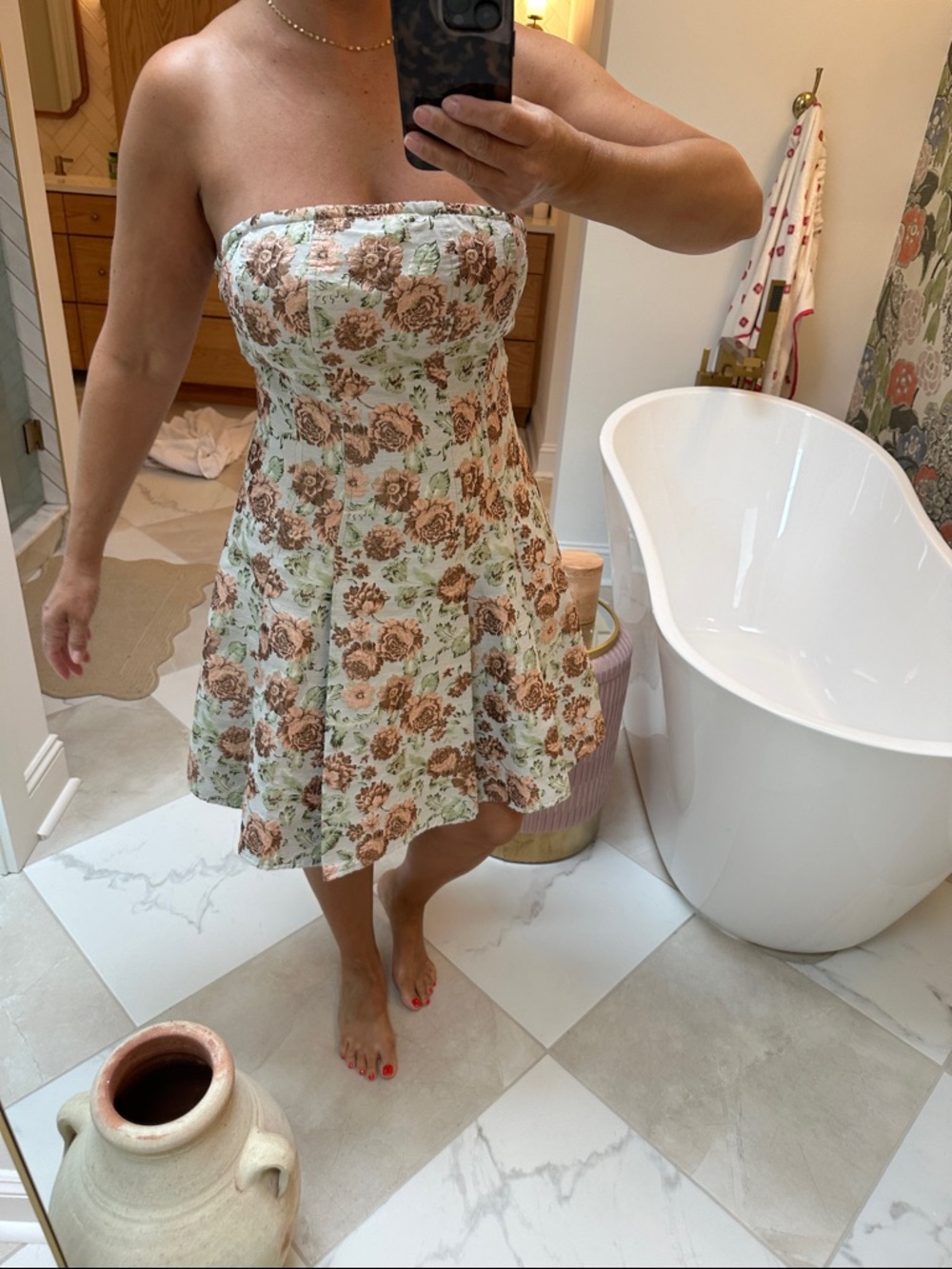 En Saison Strapless Floral Sundress in Mint and Brown